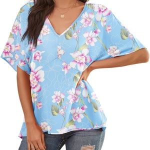 ✨ NWT sky blue floral Chiffon V Neck Blouse